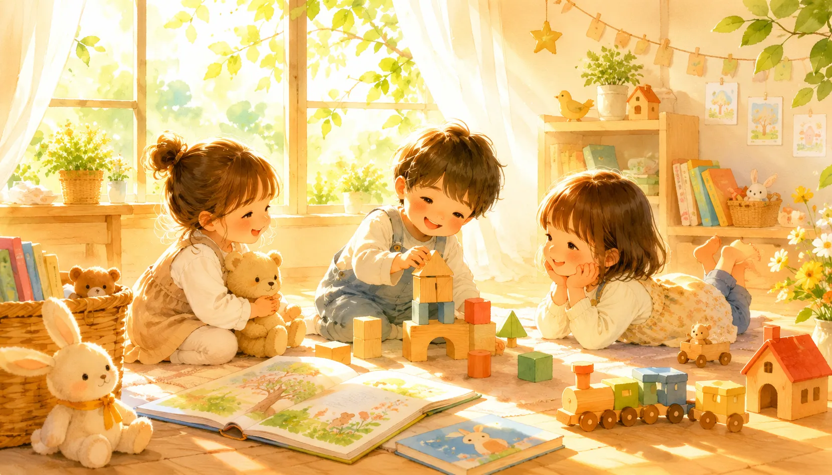 ひだまりの中で絵本と積み木で遊ぶ子どもたちのイラスト